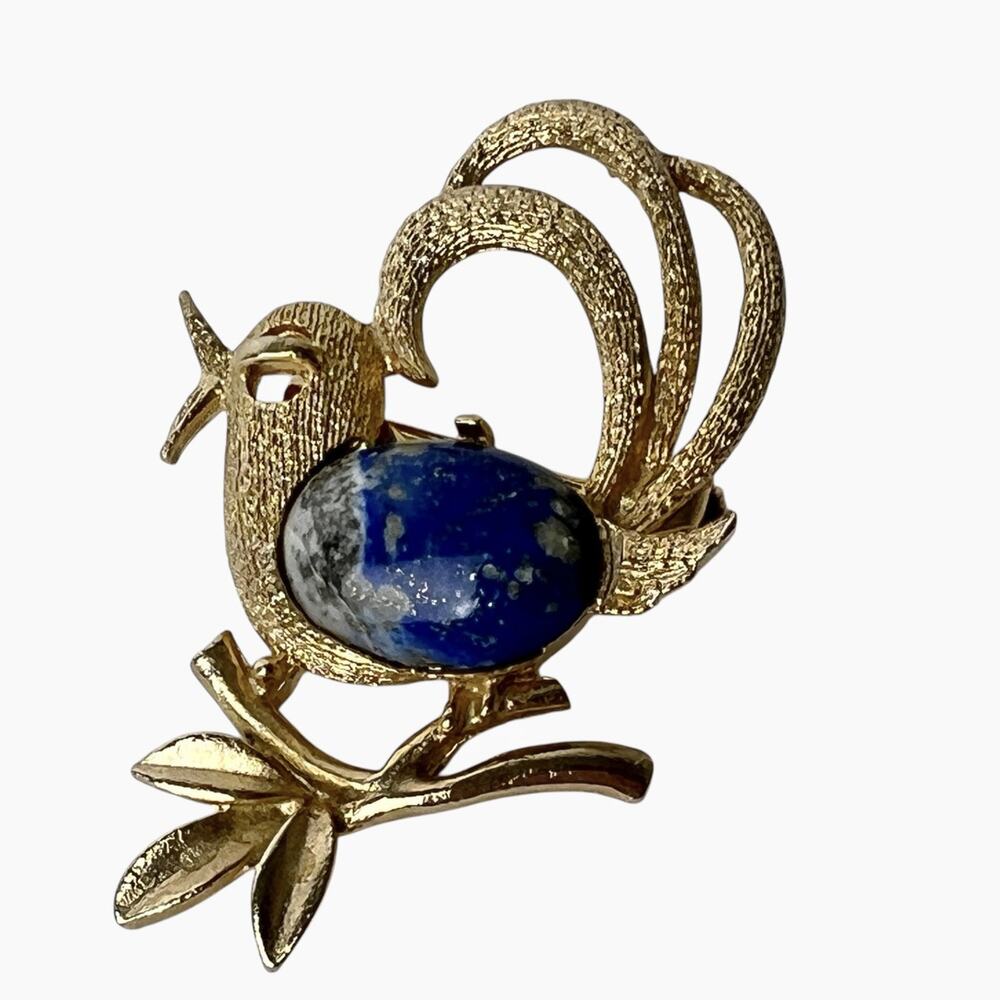 Vintage Bird Brooch Pin Retro Chic Blue Cabochon Gold Tone Swirl Tail Eclectic
